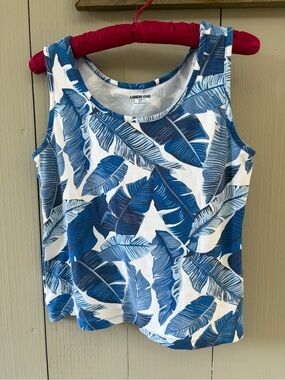 Lands' End White Tank Top with Blue Leaf Print